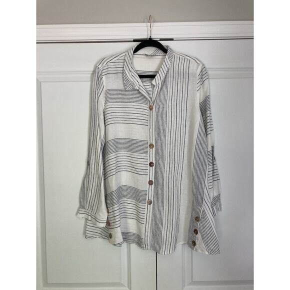 John Mark Stripe Linen Roll Tab Collared Button Down Lagenlook Shirt Blouse Med - Picture 1 of 10
